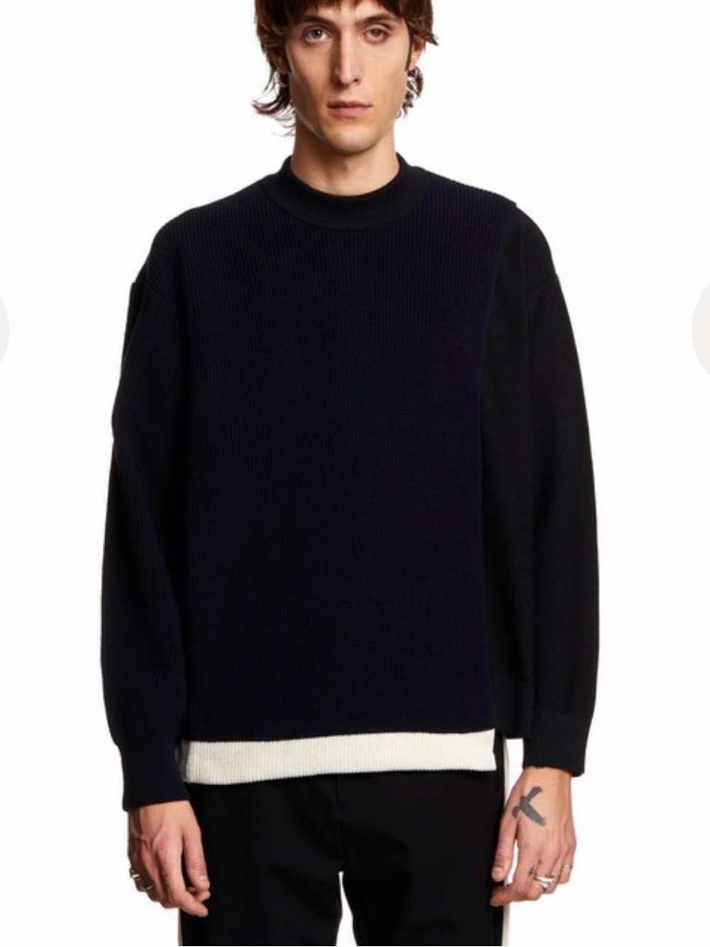AMBUSH Men's Navy and Black Overlap Crewneck Knit Sweater with White Hem